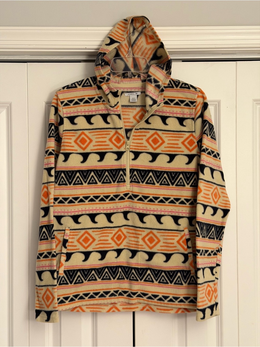 O’Neill Geometric Wave Print Hooded Fleece Quarter Zip Pullover Size Small